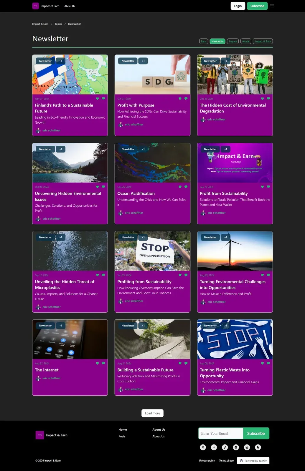 Screenshot of the Impact & Earn newsletter archive with sustainability and recycling-related article headlines Screenshot of the Impact & Earn newsletter archive with sustainability and recycling-related article headlines