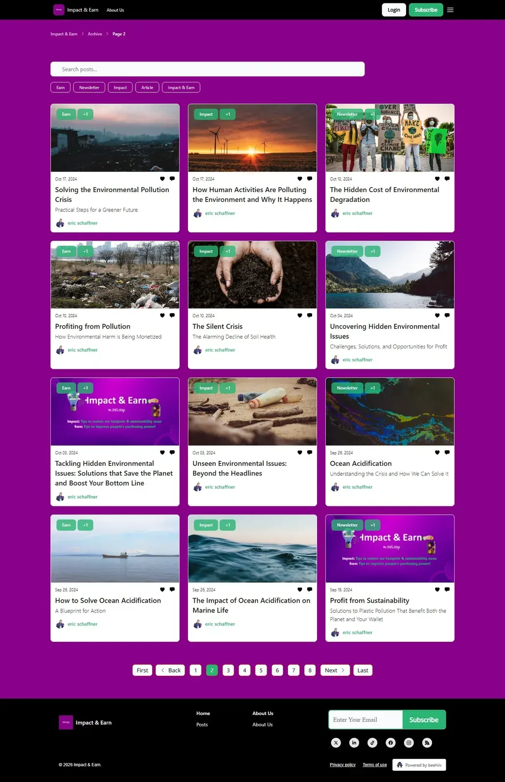 Screenshot of an Impact & Earn archive page with articles on pollution, ocean acidification, and plastic pollution solutions.