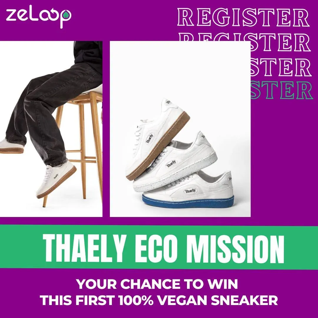 Promo image for a zeLoop Eco Mission offering a chance to win a vegan sneaker Promo image for a zeLoop Eco Mission offering a chance to win a vegan sneaker