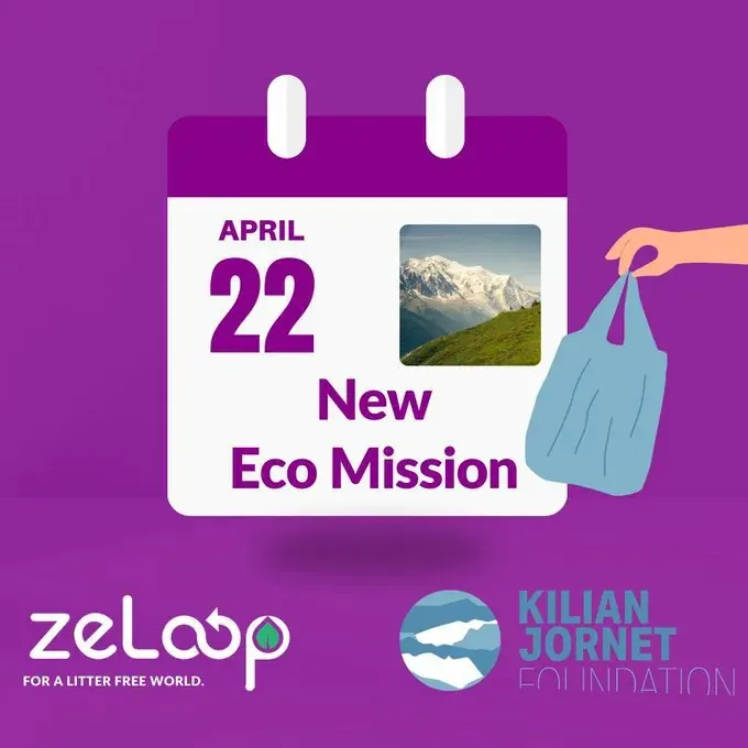 Promotional graphic for a shared Eco Mission with April 22 on a calendar and zeLoop branding Promotional graphic for a shared Eco Mission with April 22 on a calendar and zeLoop branding