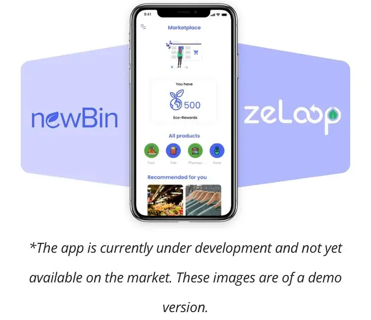 Demo marketplace screen for a branded sustainability app with product recommendations and development disclaimer