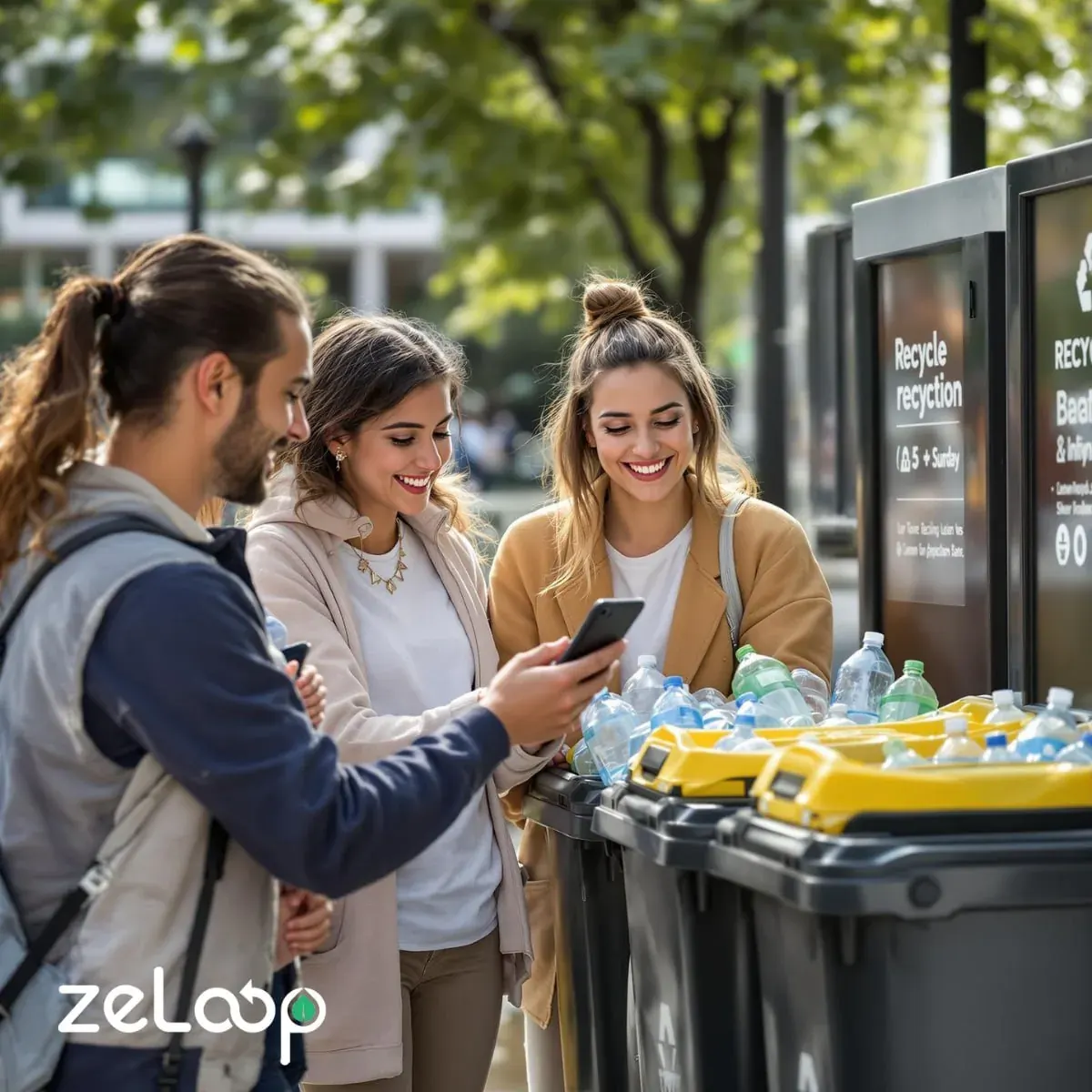 Three people using a smartphone beside recycling bins and bottle collection points in the UAE Three people using a smartphone beside recycling bins and bottle collection points in the UAE