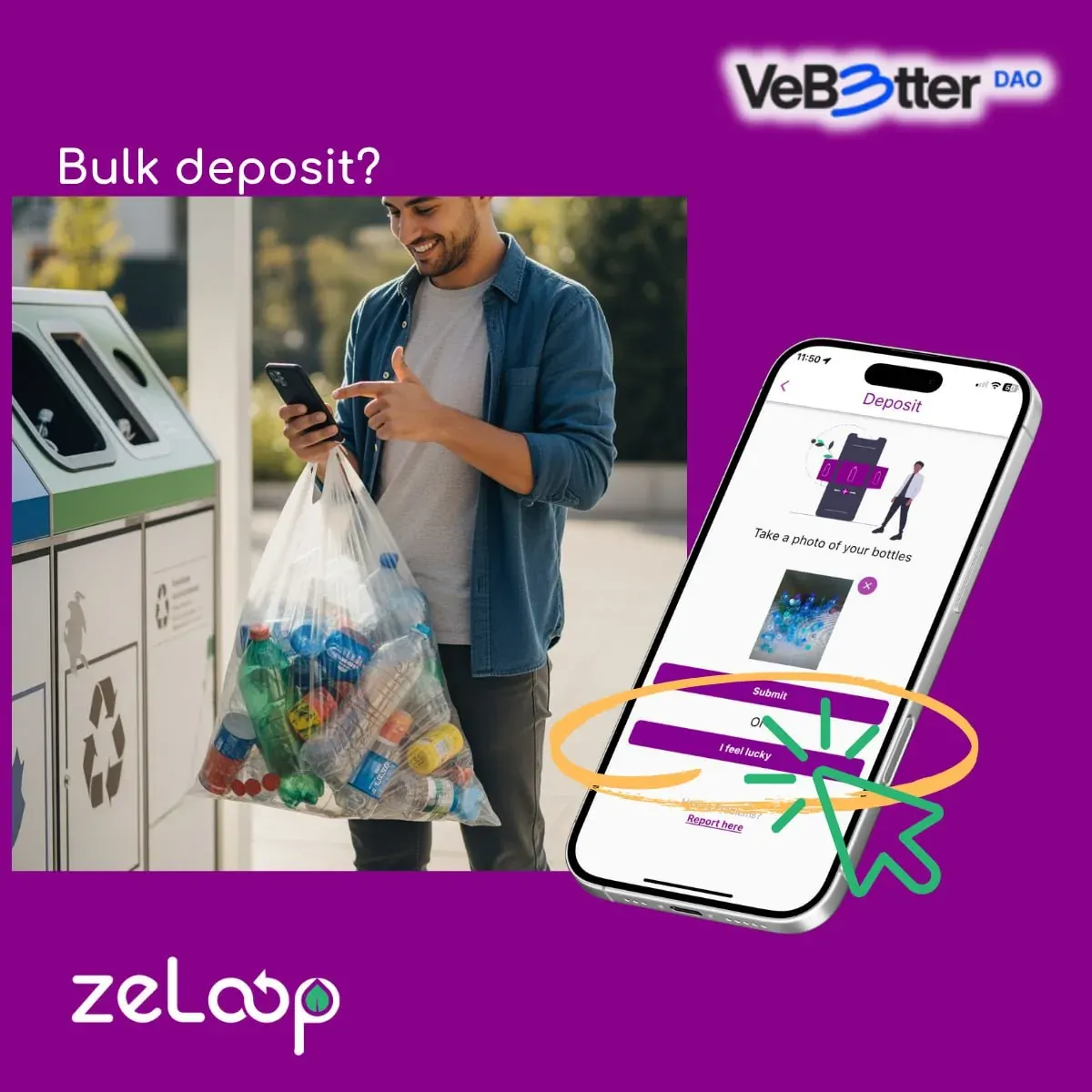 Man by a recycling bin checks a deposit app on his phone while holding groceries Man by a recycling bin checks a deposit app on his phone while holding groceries