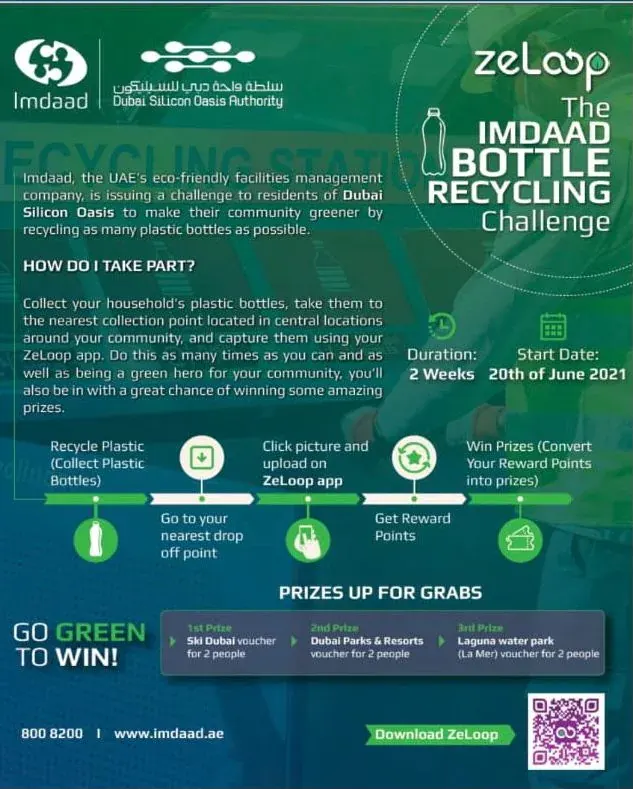 Promotional poster about plastic bottle recycling in Dubai Silicon Oasis with ZeLoop and Imdaad details Promotional poster about plastic bottle recycling in Dubai Silicon Oasis with ZeLoop and Imdaad details