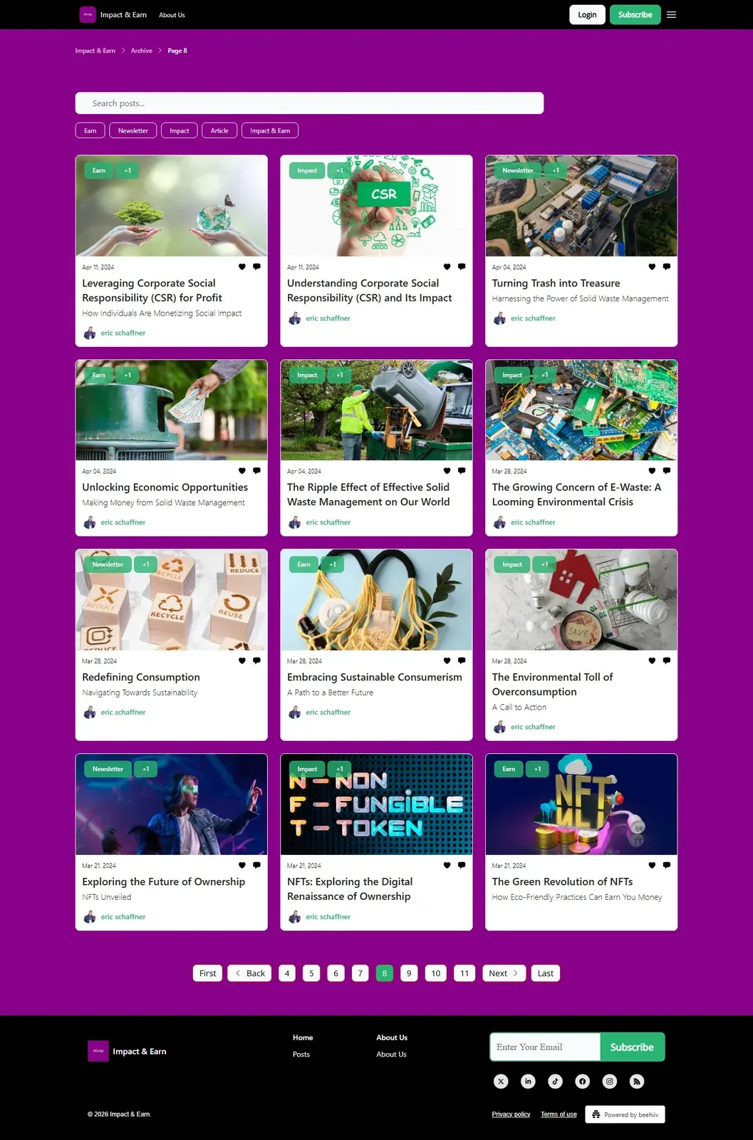 Screenshot of the Impact & Earn archive showing posts on CSR, solid waste management, e-waste, and sustainable consumerism. Screenshot of the Impact & Earn archive showing posts on CSR, solid waste management, e-waste, and sustainable consumerism.