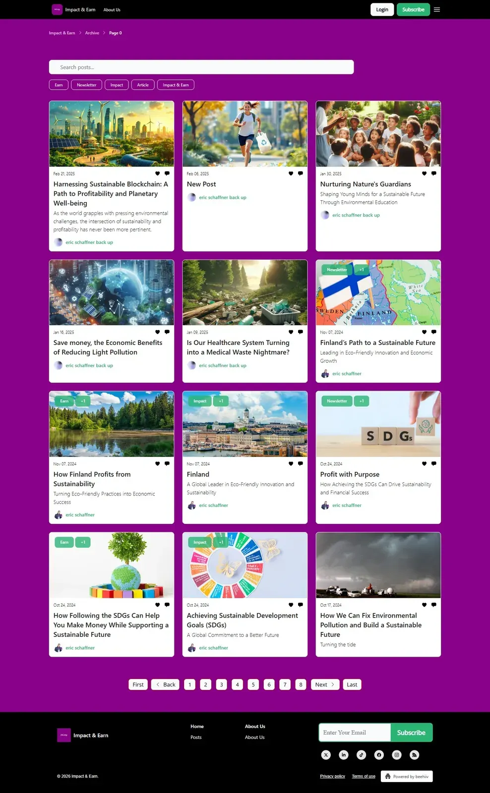 Archive screenshot from Impact & Earn showing sustainability and blockchain article listings relevant to plastic impact solution research.