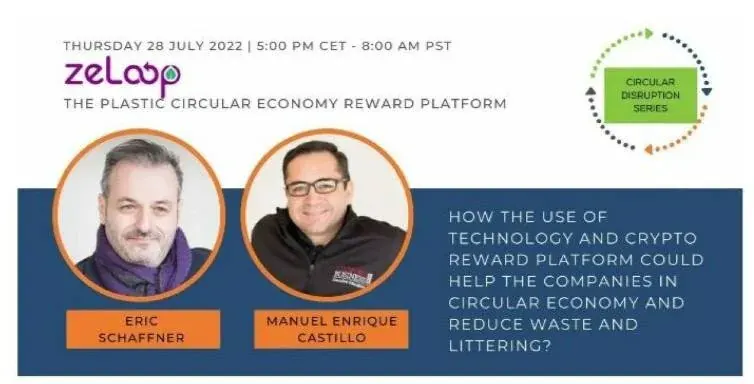 Promotional graphic for a ZeLoop talk on technology and crypto rewards in the plastic circular economy Promotional graphic for a ZeLoop talk on technology and crypto rewards in the plastic circular economy