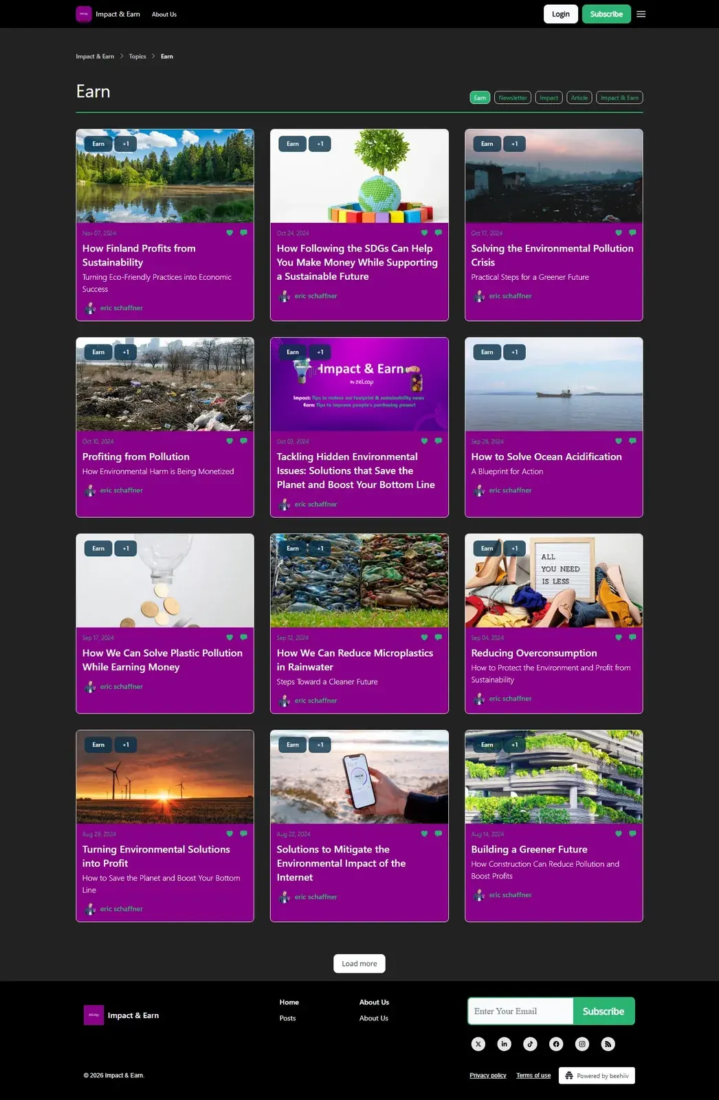 Screenshot of Impact & Earn earn-topic articles about sustainability, pollution, and eco-friendly profit ideas Screenshot of Impact & Earn earn-topic articles about sustainability, pollution, and eco-friendly profit ideas