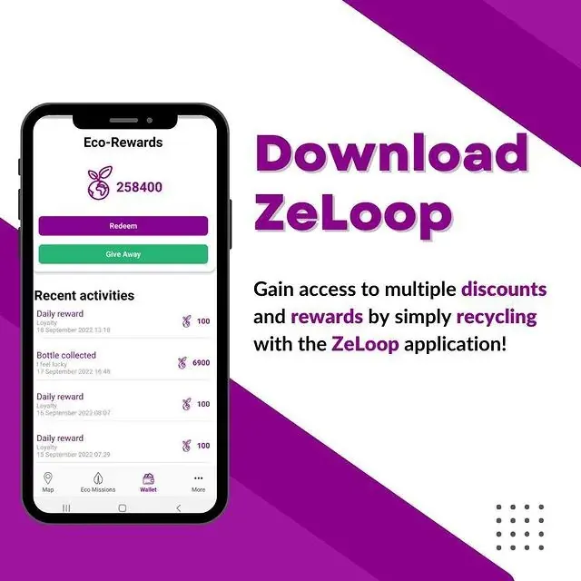 ZeLoop app screen showing recent activities, bottle collection counts, daily rewards, and recycling discounts in the UAE ZeLoop app screen showing recent activities, bottle collection counts, daily rewards, and recycling discounts in the UAE