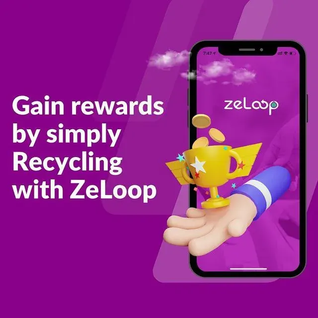 Promo image for ZeLoop showing a smartphone, trophy and coins with text about gaining rewards by recycling Promo image for ZeLoop showing a smartphone, trophy and coins with text about gaining rewards by recycling