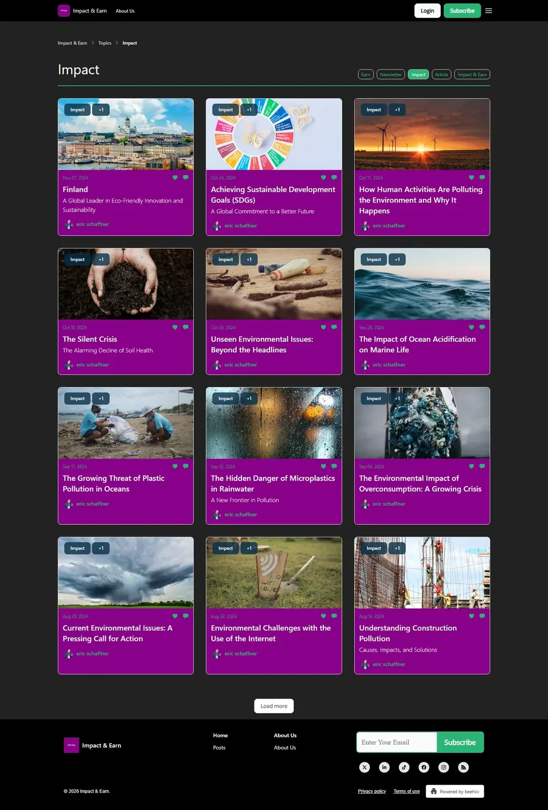 Screenshot of Impact & Earn impact topic posts about plastic pollution, microplastics, sustainability goals, and environmental issues Screenshot of Impact & Earn impact topic posts about plastic pollution, microplastics, sustainability goals, and environmental issues