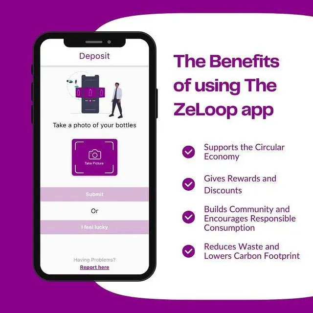 ZeLoop app graphic listing benefits of bottle deposit reporting, rewards, circular economy, and reduced waste ZeLoop app graphic listing benefits of bottle deposit reporting, rewards, circular economy, and reduced waste