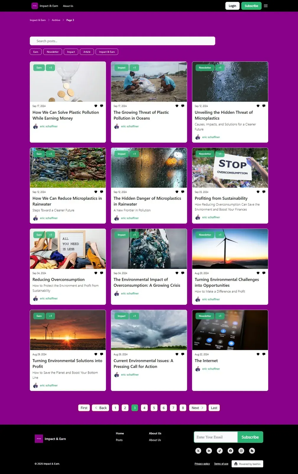 Screenshot of Impact & Earn archive posts about plastic pollution, microplastics, overconsumption, and sustainability topics Screenshot of Impact & Earn archive posts about plastic pollution, microplastics, overconsumption, and sustainability topics