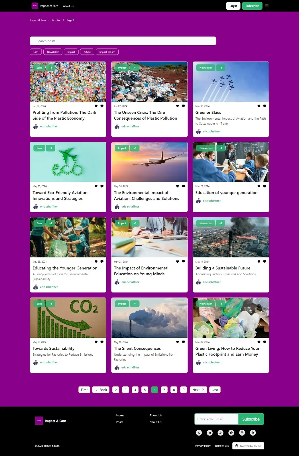 Screenshot of the Impact & Earn archive page featuring posts about plastic pollution, aviation, environmental education, and green living Screenshot of the Impact & Earn archive page featuring posts about plastic pollution, aviation, environmental education, and green living